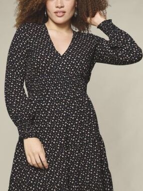 Avon Black Long-Sleeve V-Neck Floral Printed Dress - 1X (18W- 20W)